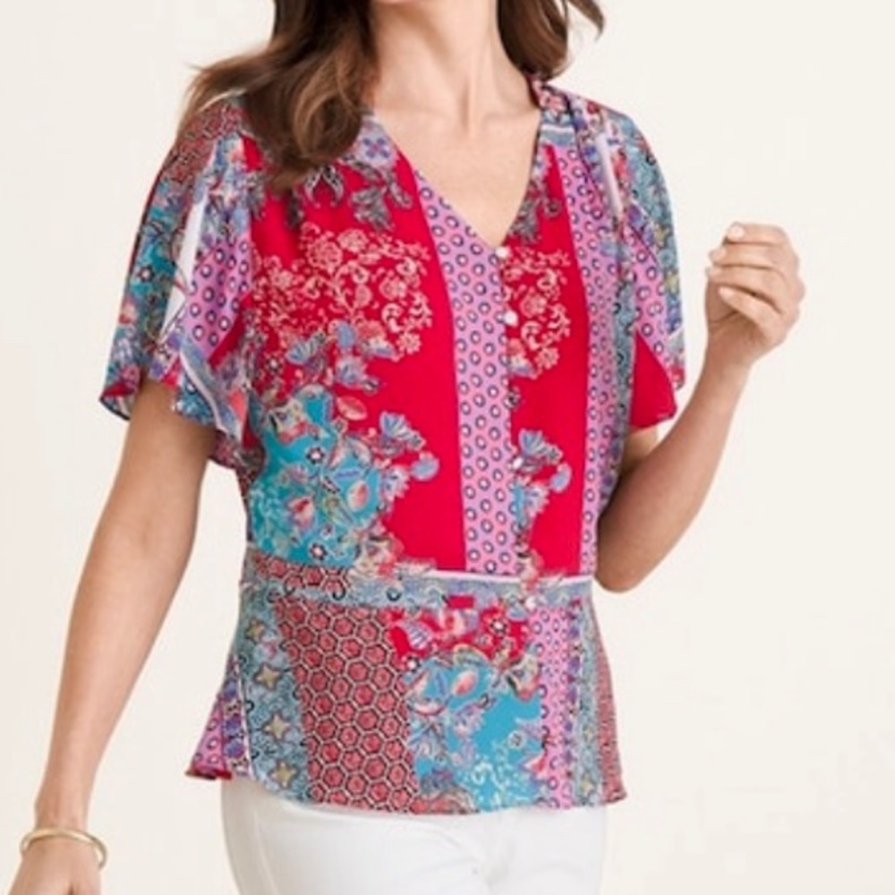 Chico’s Patchwork Peplum Flutter Sleeve Top